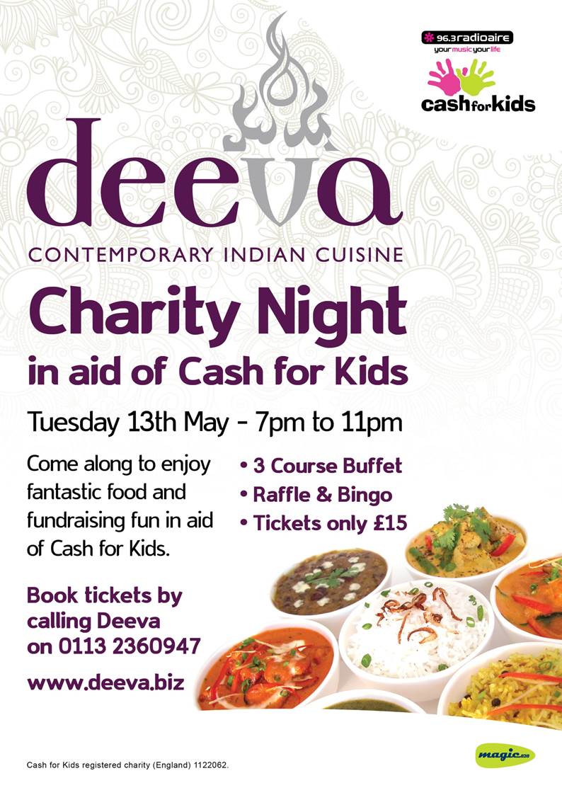 Cash for Kids Charity Night May 13th at Deeva restaurant