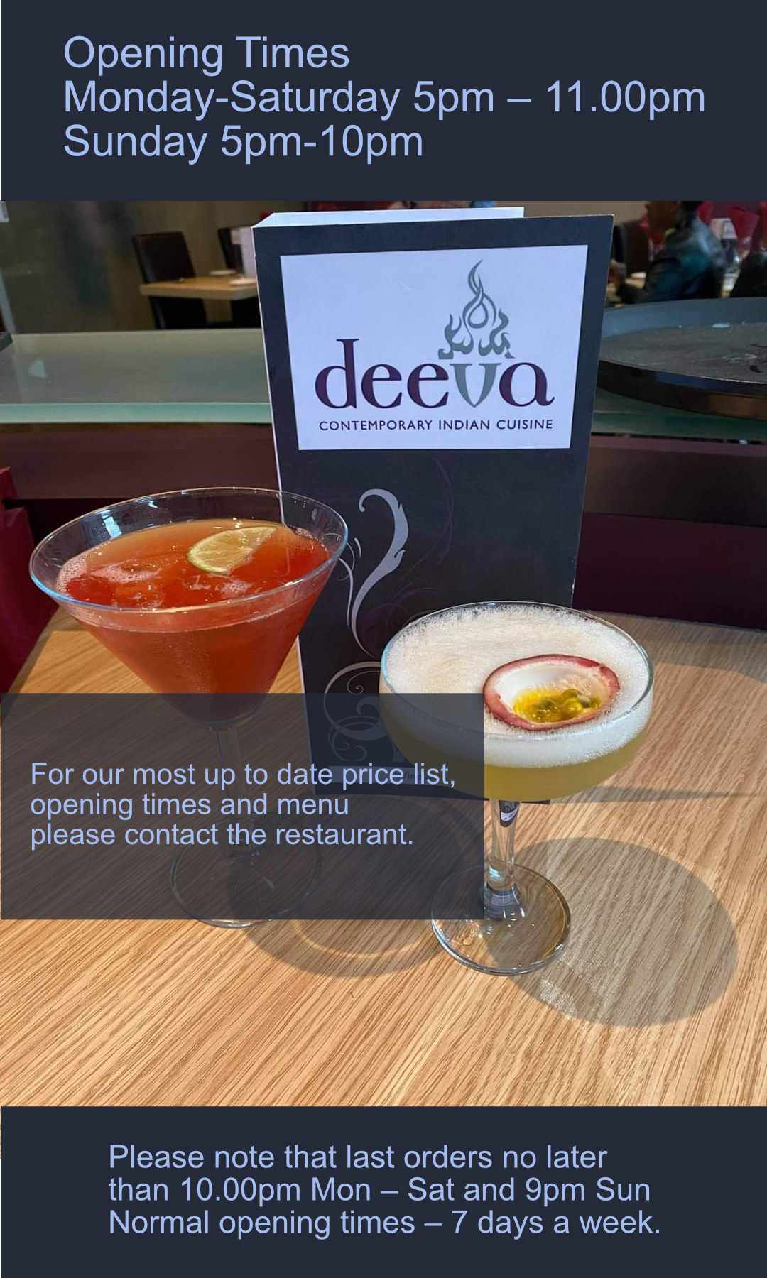 Click Image for Opening Times at Deeva Restaurant